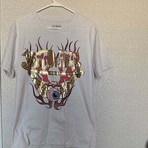 Von Dutch White Tee with Gold and Red Winged Eye Design